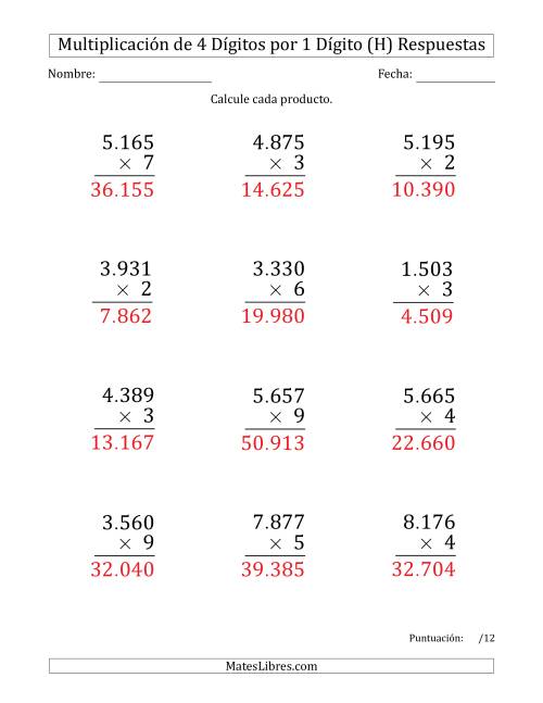 La hoja de ejercicios de Multiplicar Números de 4 Dígitos por 1 Dígito (Formato Grande) Usando Puntos como Separadores de Millares (H) Página 2