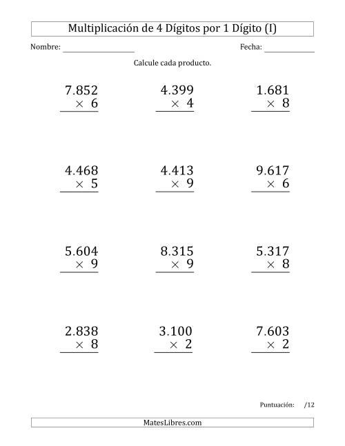 La hoja de ejercicios de Multiplicar Números de 4 Dígitos por 1 Dígito (Formato Grande) Usando Puntos como Separadores de Millares (I)