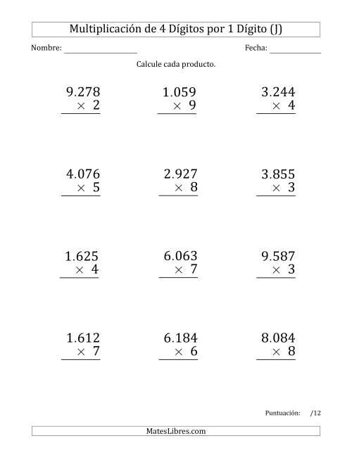 La hoja de ejercicios de Multiplicar Números de 4 Dígitos por 1 Dígito (Formato Grande) Usando Puntos como Separadores de Millares (J)
