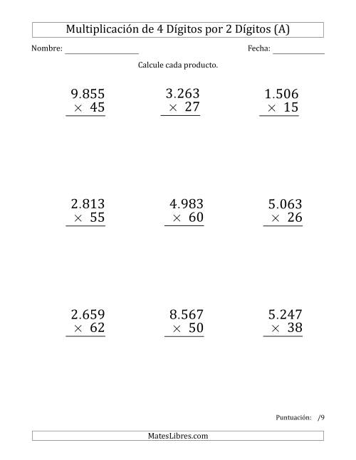 La hoja de ejercicios de Multiplicar Números de 4 Dígitos por 2 Dígitos (Formato Grande) Usando Puntos como Separadores de Millares (A)