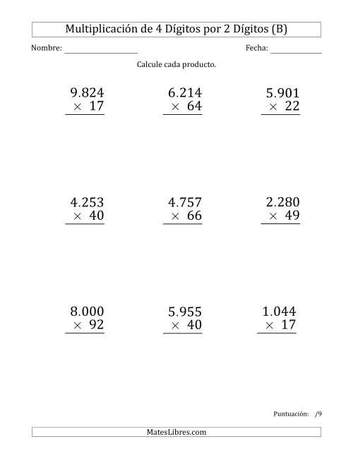 La hoja de ejercicios de Multiplicar Números de 4 Dígitos por 2 Dígitos (Formato Grande) Usando Puntos como Separadores de Millares (B)