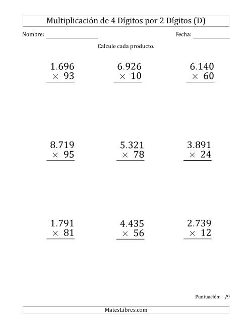 La hoja de ejercicios de Multiplicar Números de 4 Dígitos por 2 Dígitos (Formato Grande) Usando Puntos como Separadores de Millares (D)