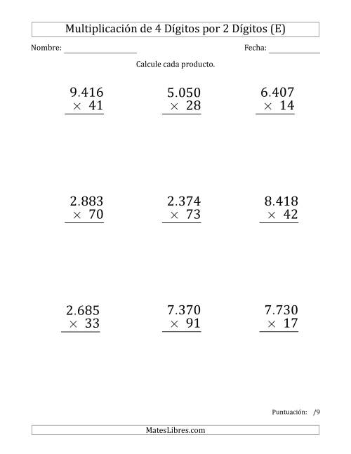 La hoja de ejercicios de Multiplicar Números de 4 Dígitos por 2 Dígitos (Formato Grande) Usando Puntos como Separadores de Millares (E)