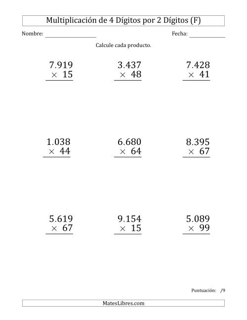La hoja de ejercicios de Multiplicar Números de 4 Dígitos por 2 Dígitos (Formato Grande) Usando Puntos como Separadores de Millares (F)