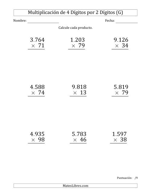 La hoja de ejercicios de Multiplicar Números de 4 Dígitos por 2 Dígitos (Formato Grande) Usando Puntos como Separadores de Millares (G)