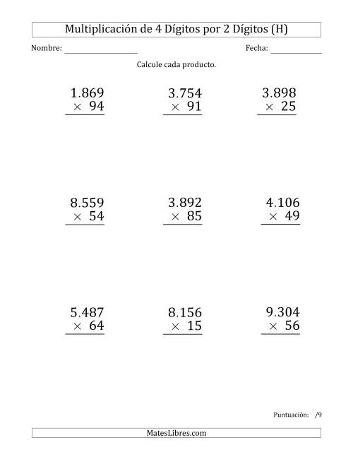 La hoja de ejercicios de Multiplicar Números de 4 Dígitos por 2 Dígitos (Formato Grande) Usando Puntos como Separadores de Millares (H)