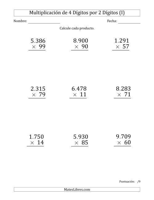 La hoja de ejercicios de Multiplicar Números de 4 Dígitos por 2 Dígitos (Formato Grande) Usando Puntos como Separadores de Millares (I)