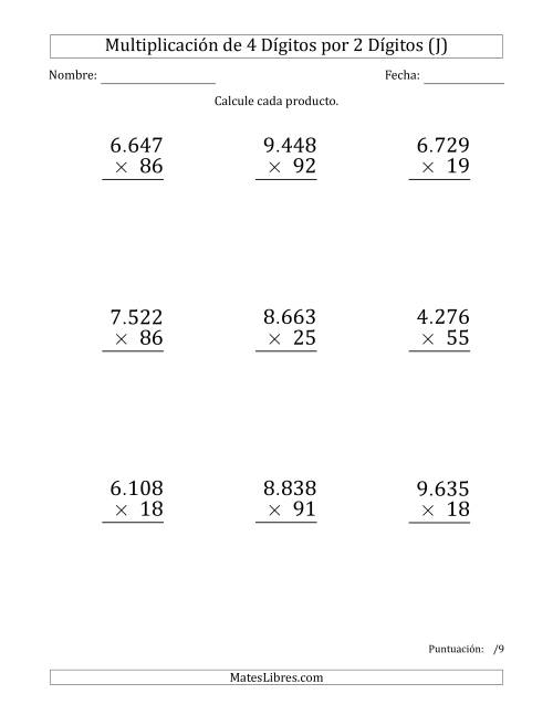 La hoja de ejercicios de Multiplicar Números de 4 Dígitos por 2 Dígitos (Formato Grande) Usando Puntos como Separadores de Millares (J)