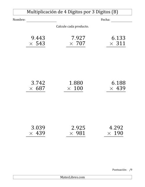 La hoja de ejercicios de Multiplicar Números de 4 Dígitos por 3 Dígitos (Formato Grande) Usando Puntos como Separadores de Millares (B)