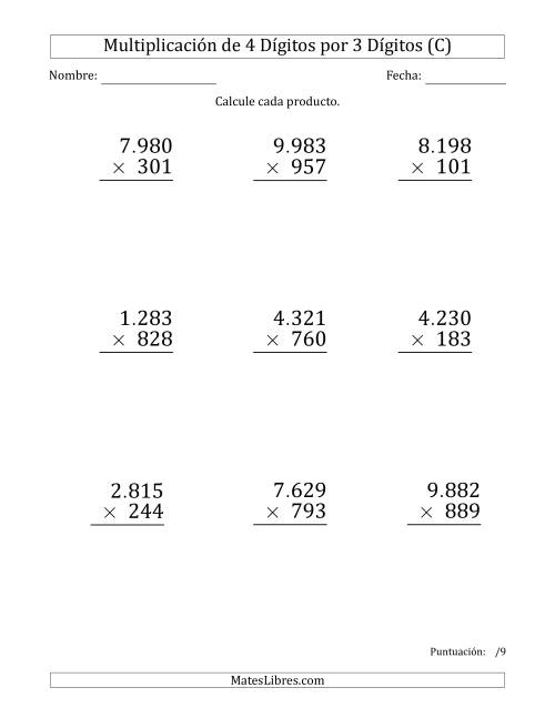 La hoja de ejercicios de Multiplicar Números de 4 Dígitos por 3 Dígitos (Formato Grande) Usando Puntos como Separadores de Millares (C)