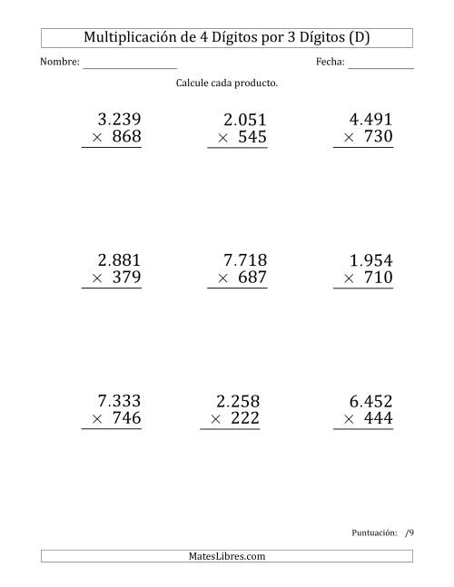 La hoja de ejercicios de Multiplicar Números de 4 Dígitos por 3 Dígitos (Formato Grande) Usando Puntos como Separadores de Millares (D)