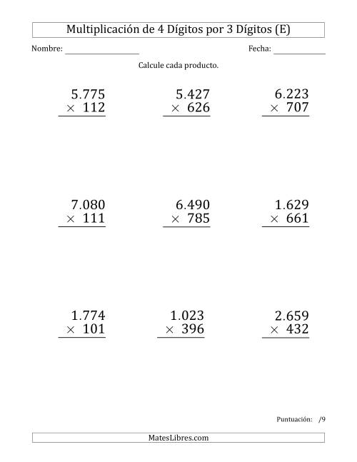La hoja de ejercicios de Multiplicar Números de 4 Dígitos por 3 Dígitos (Formato Grande) Usando Puntos como Separadores de Millares (E)