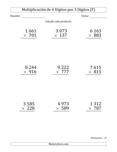 La hoja de ejercicios de Multiplicar Números de 4 Dígitos por 3 Dígitos (Formato Grande) Usando Puntos como Separadores de Millares (F)