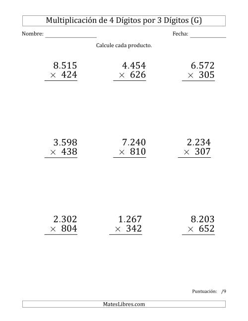 La hoja de ejercicios de Multiplicar Números de 4 Dígitos por 3 Dígitos (Formato Grande) Usando Puntos como Separadores de Millares (G)