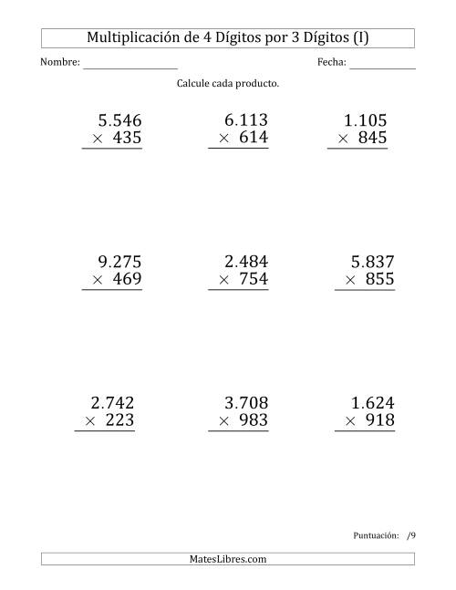 La hoja de ejercicios de Multiplicar Números de 4 Dígitos por 3 Dígitos (Formato Grande) Usando Puntos como Separadores de Millares (I)