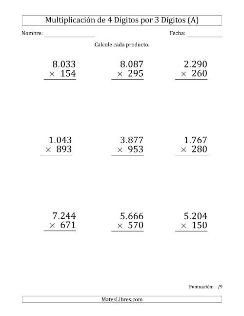 La hoja de ejercicios de Multiplicar Números de 4 Dígitos por 3 Dígitos (Formato Grande) Usando Puntos como Separadores de Millares (Todas)