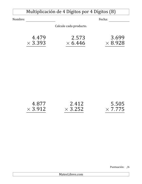 La hoja de ejercicios de Multiplicar Números de 4 Dígitos por 4 Dígitos (Formato Grande) Usando Puntos como Separadores de Millares (B)