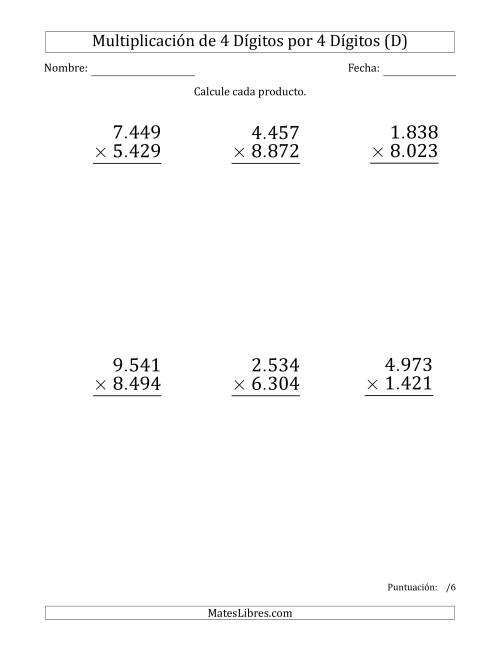 La hoja de ejercicios de Multiplicar Números de 4 Dígitos por 4 Dígitos (Formato Grande) Usando Puntos como Separadores de Millares (D)