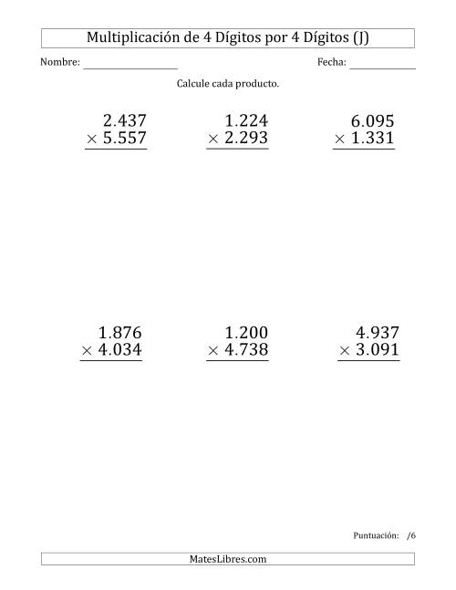 La hoja de ejercicios de Multiplicar Números de 4 Dígitos por 4 Dígitos (Formato Grande) Usando Puntos como Separadores de Millares (J)