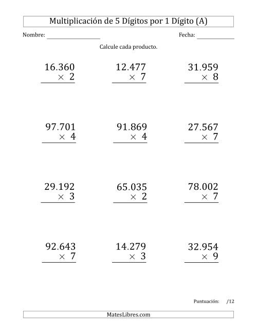 La hoja de ejercicios de Multiplicar Números de 5 Dígitos por 1 Dígito (Formato Grande) Usando Puntos como Separadores de Millares (A)