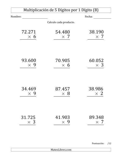 La hoja de ejercicios de Multiplicar Números de 5 Dígitos por 1 Dígito (Formato Grande) Usando Puntos como Separadores de Millares (B)
