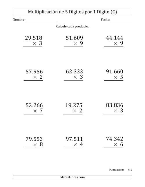 La hoja de ejercicios de Multiplicar Números de 5 Dígitos por 1 Dígito (Formato Grande) Usando Puntos como Separadores de Millares (C)