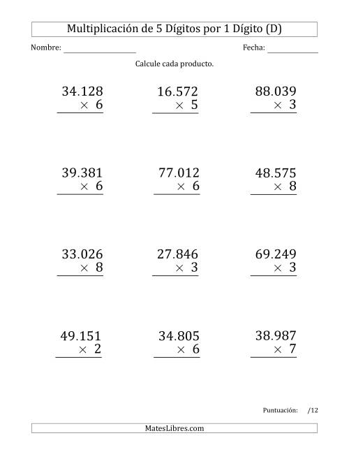 La hoja de ejercicios de Multiplicar Números de 5 Dígitos por 1 Dígito (Formato Grande) Usando Puntos como Separadores de Millares (D)
