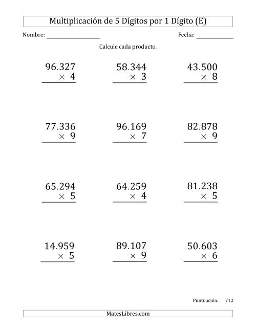 La hoja de ejercicios de Multiplicar Números de 5 Dígitos por 1 Dígito (Formato Grande) Usando Puntos como Separadores de Millares (E)