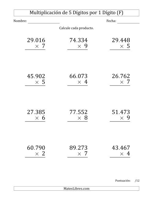 La hoja de ejercicios de Multiplicar Números de 5 Dígitos por 1 Dígito (Formato Grande) Usando Puntos como Separadores de Millares (F)