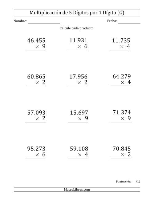 La hoja de ejercicios de Multiplicar Números de 5 Dígitos por 1 Dígito (Formato Grande) Usando Puntos como Separadores de Millares (G)