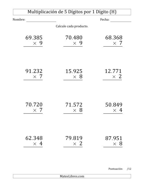 La hoja de ejercicios de Multiplicar Números de 5 Dígitos por 1 Dígito (Formato Grande) Usando Puntos como Separadores de Millares (H)