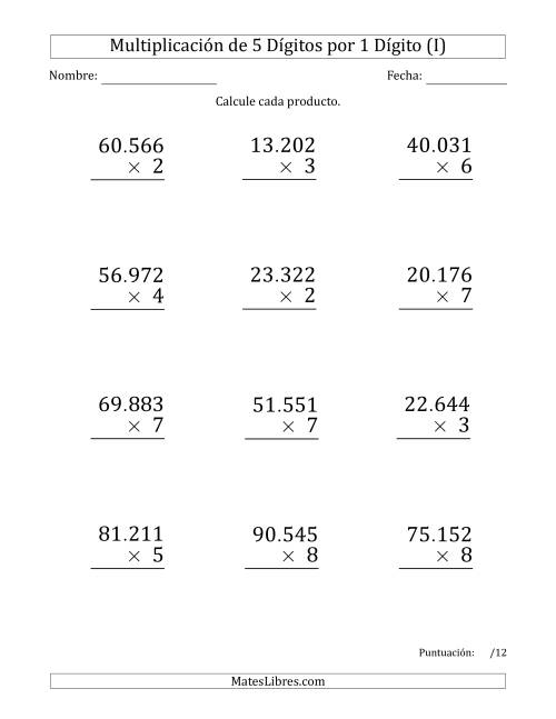La hoja de ejercicios de Multiplicar Números de 5 Dígitos por 1 Dígito (Formato Grande) Usando Puntos como Separadores de Millares (I)