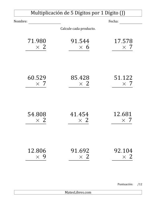 La hoja de ejercicios de Multiplicar Números de 5 Dígitos por 1 Dígito (Formato Grande) Usando Puntos como Separadores de Millares (J)