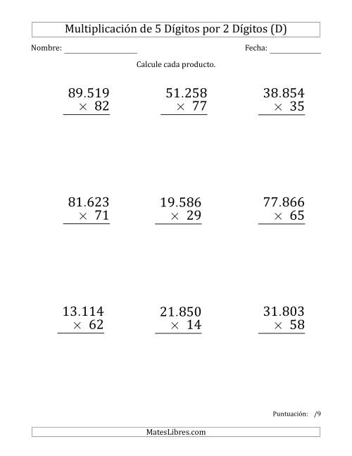 La hoja de ejercicios de Multiplicar Números de 5 Dígitos por 2 Dígitos (Formato Grande) Usando Puntos como Separadores de Millares (D)
