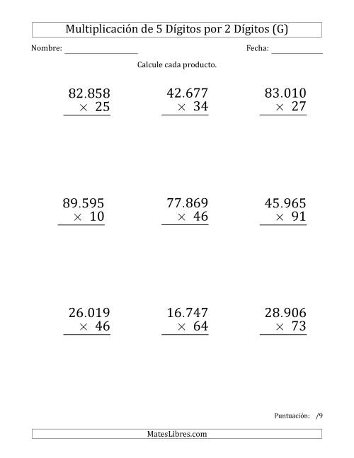La hoja de ejercicios de Multiplicar Números de 5 Dígitos por 2 Dígitos (Formato Grande) Usando Puntos como Separadores de Millares (G)