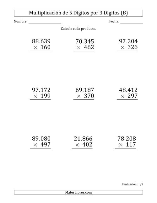 La hoja de ejercicios de Multiplicar Números de 5 Dígitos por 3 Dígitos (Formato Grande) Usando Puntos como Separadores de Millares (B)