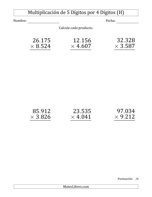 La hoja de ejercicios de Multiplicar Números de 5 Dígitos por 4 Dígitos (Formato Grande) Usando Puntos como Separadores de Millares (H)