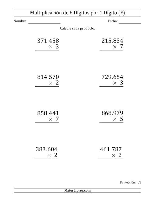 La hoja de ejercicios de Multiplicar Números de 6 Dígitos por 1 Dígito (Formato Grande) Usando Puntos como Separadores de Millares (F)