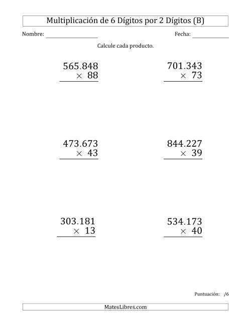 La hoja de ejercicios de Multiplicar Números de 6 Dígitos por 2 Dígitos (Formato Grande) Usando Puntos como Separadores de Millares (B)