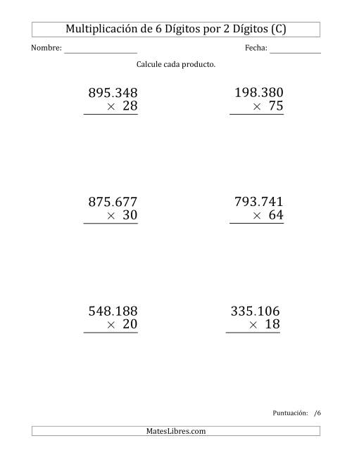 La hoja de ejercicios de Multiplicar Números de 6 Dígitos por 2 Dígitos (Formato Grande) Usando Puntos como Separadores de Millares (C)