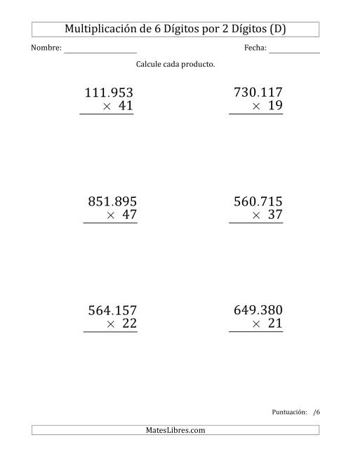 La hoja de ejercicios de Multiplicar Números de 6 Dígitos por 2 Dígitos (Formato Grande) Usando Puntos como Separadores de Millares (D)