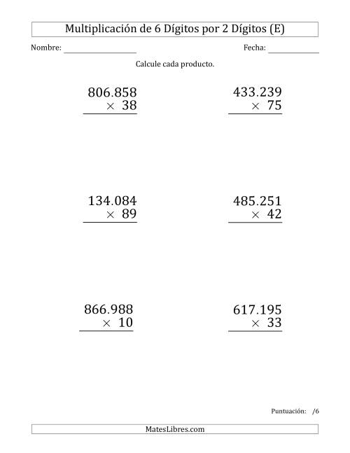 La hoja de ejercicios de Multiplicar Números de 6 Dígitos por 2 Dígitos (Formato Grande) Usando Puntos como Separadores de Millares (E)