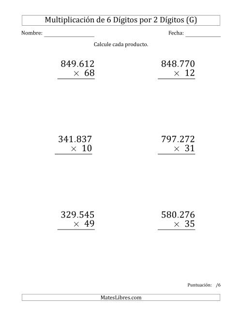 La hoja de ejercicios de Multiplicar Números de 6 Dígitos por 2 Dígitos (Formato Grande) Usando Puntos como Separadores de Millares (G)