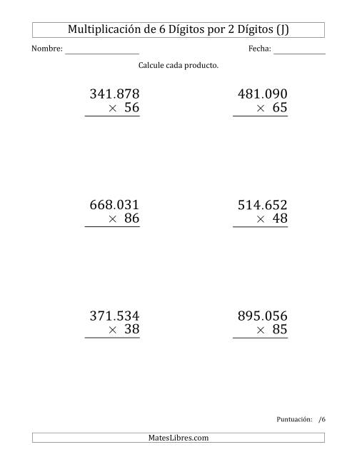 La hoja de ejercicios de Multiplicar Números de 6 Dígitos por 2 Dígitos (Formato Grande) Usando Puntos como Separadores de Millares (J)