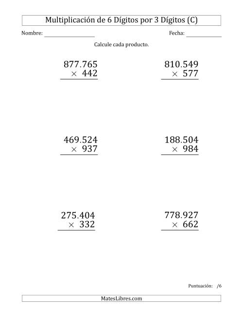 La hoja de ejercicios de Multiplicar Números de 6 Dígitos por 3 Dígitos (Formato Grande) Usando Puntos como Separadores de Millares (C)