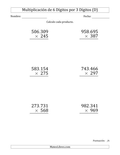La hoja de ejercicios de Multiplicar Números de 6 Dígitos por 3 Dígitos (Formato Grande) Usando Puntos como Separadores de Millares (D)
