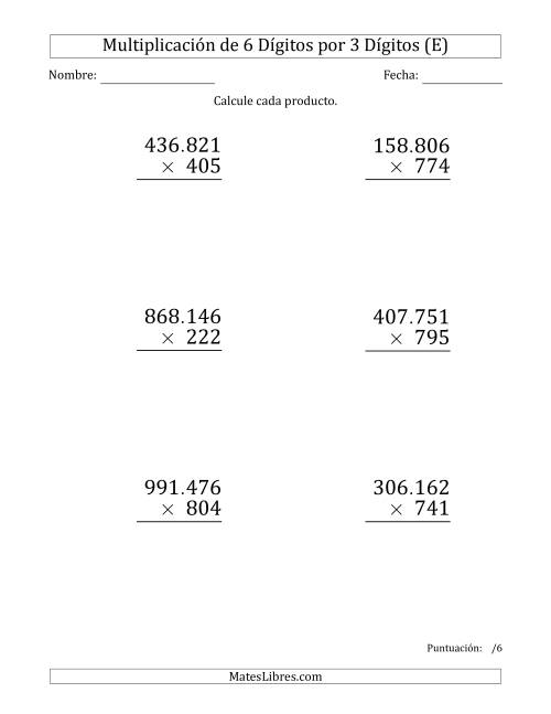 La hoja de ejercicios de Multiplicar Números de 6 Dígitos por 3 Dígitos (Formato Grande) Usando Puntos como Separadores de Millares (E)