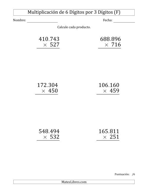 La hoja de ejercicios de Multiplicar Números de 6 Dígitos por 3 Dígitos (Formato Grande) Usando Puntos como Separadores de Millares (F)