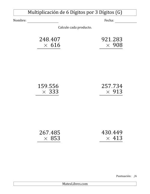 La hoja de ejercicios de Multiplicar Números de 6 Dígitos por 3 Dígitos (Formato Grande) Usando Puntos como Separadores de Millares (G)