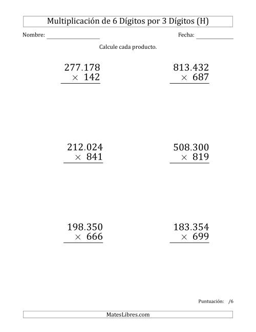 La hoja de ejercicios de Multiplicar Números de 6 Dígitos por 3 Dígitos (Formato Grande) Usando Puntos como Separadores de Millares (H)